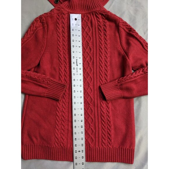 L.L. Bean Sweater Red Cable Knit Fisherman Button Up Turtleneck Womens Size L - Picture 9 of 12